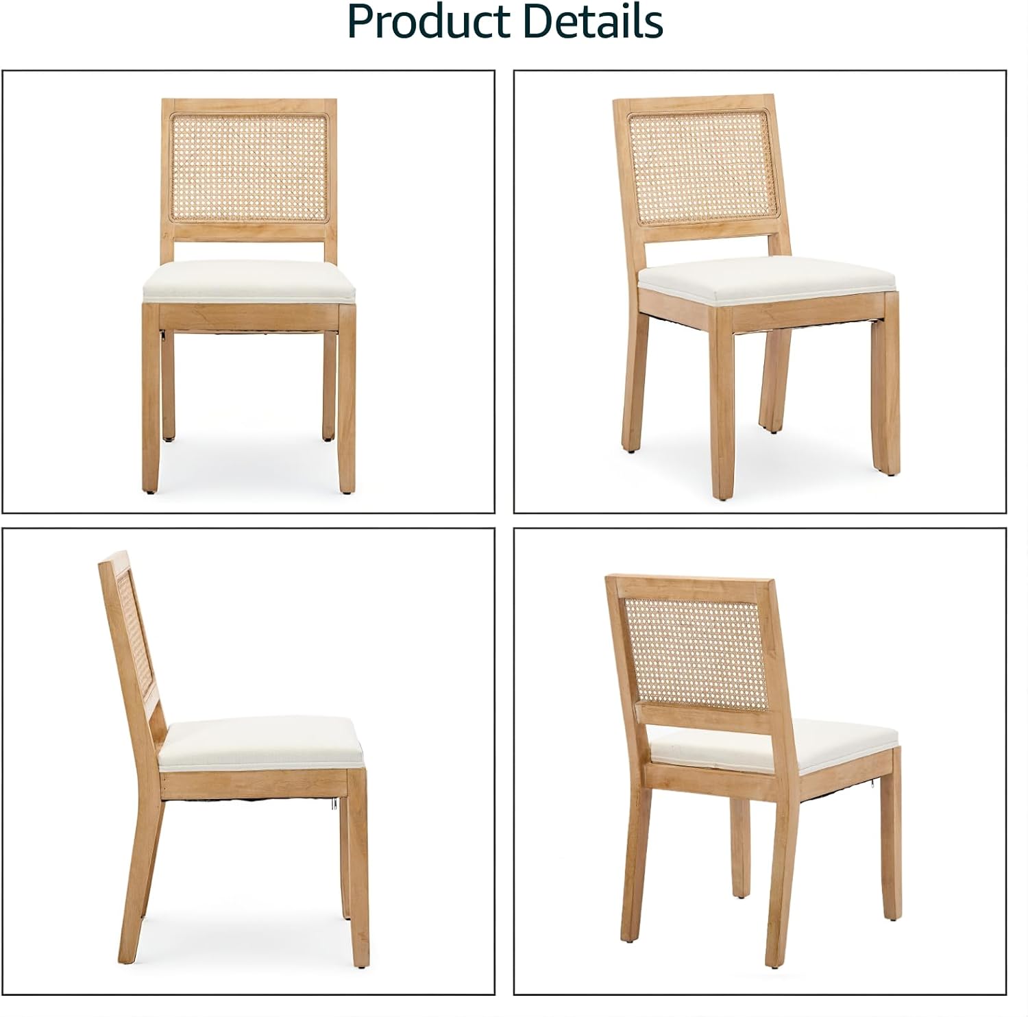 French Country Dining Chairs Set of 8, Beige Modern Kitchen & Dining Room Chairs, Rattan Dining Chair with Linen Upholstered Cushion, Low Cane Back, Wood Legs, Sillas de Comedor (Beige, 8 Pcs)
