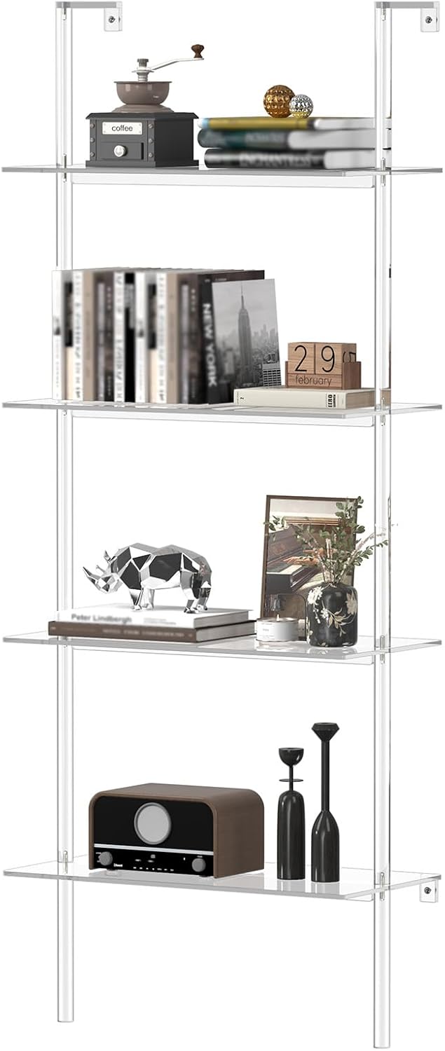 Acrylic Ladder Bookshelf, 4-Tier Clear Wall Mounted Bookshelf with Open Shelves, Multipurpose Bookcase for Living Room, Bathroom, Office, Modern, 11.6" D x 23.4" W x 59.4" H