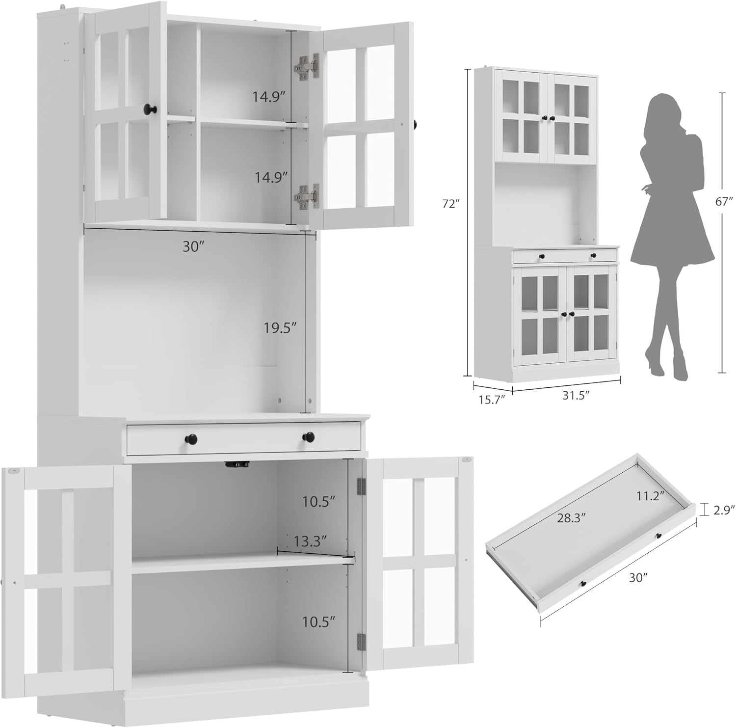 Garvee 72 Inch Kitchen Pantry Cabinet with Glass Doors, Drawer and Adjustable Shelves, Farmhouse Tall Storage Cabinet with Open Countertop, Coffee Bar Cabinet for Coffee Corner, White | Adjustable Shelves, Open Countertop, Perfect as Coffee Bar Cabinet