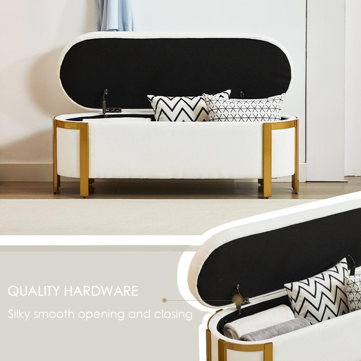 Hyfirm 48" Storage Ottoman Bench – White Chenille Upholstered Footrest with Gold Legs, Long Oval Padded Stool for Bedroom, End of Bed, Living Room, Entryway, Hallway