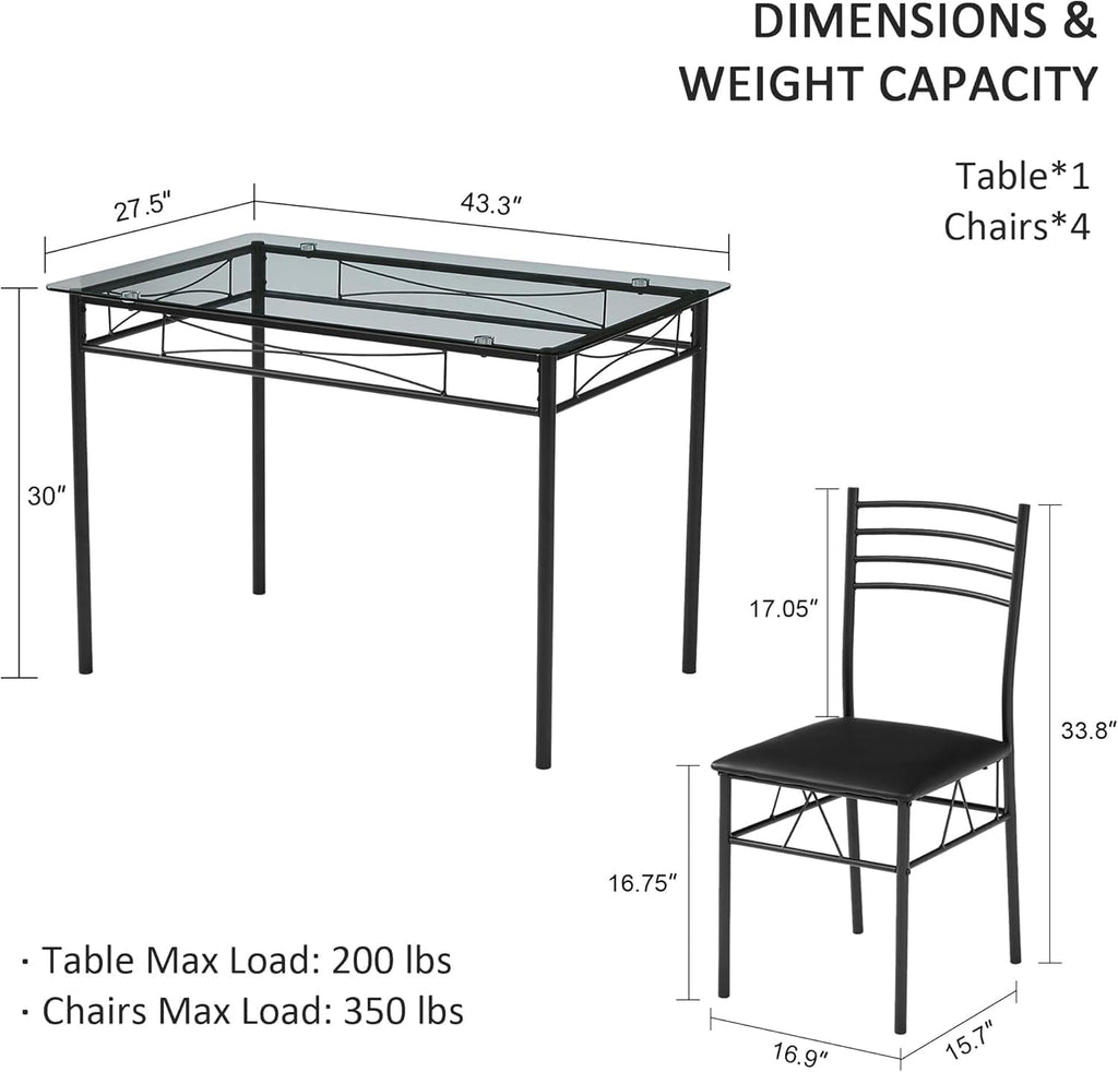 VECELO Dining Table Set for 4, 5-Piece Glass Kitchen Table with Upholstered Padded Chairs for Small Space, Breakfast Nook, Space-Saving, Black