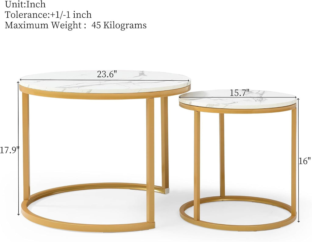 Nesting Coffee Table Set of 2, Round Coffee Table w/Marble Pattern Top, Modern Living Room Table with Sturdy Metal Frame, Industrial End Table Side Tables for Small Space Apartment (White)