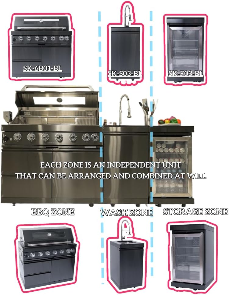 82 Inch 304 Stainless Steel Outdoor Integrated BBQ Kitchen Station (Black) | All-in-one 12-zone outdoor cooking station with 72000 BTU grill, built-in fridge & sink, rolling base for patio backyard