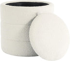 Storage Ottoman, 18 Inch Round Removable Lid, White Boucle Fabric