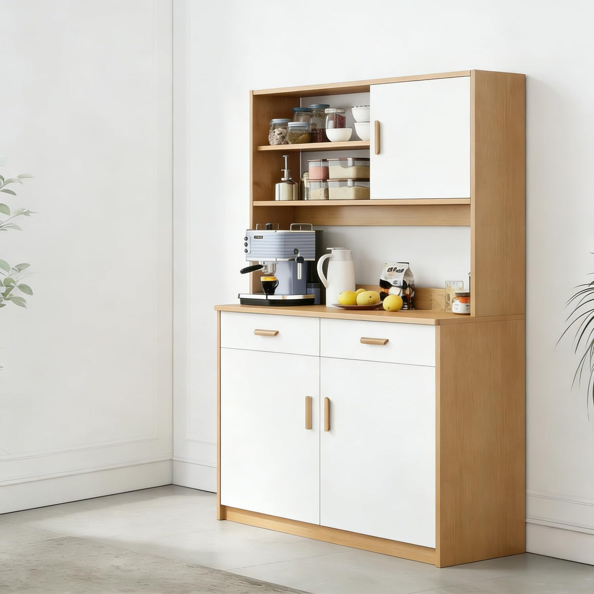 Kavie Kitchen Pantry Cabinet, Large-Capacity Sideboard with Open Shelf, Doors & Drawers, Wide Countertop for Appliances, Freestanding Cabinet for Kitchen (Natural+White,31.5" L*14.1" W*66.9" H)
