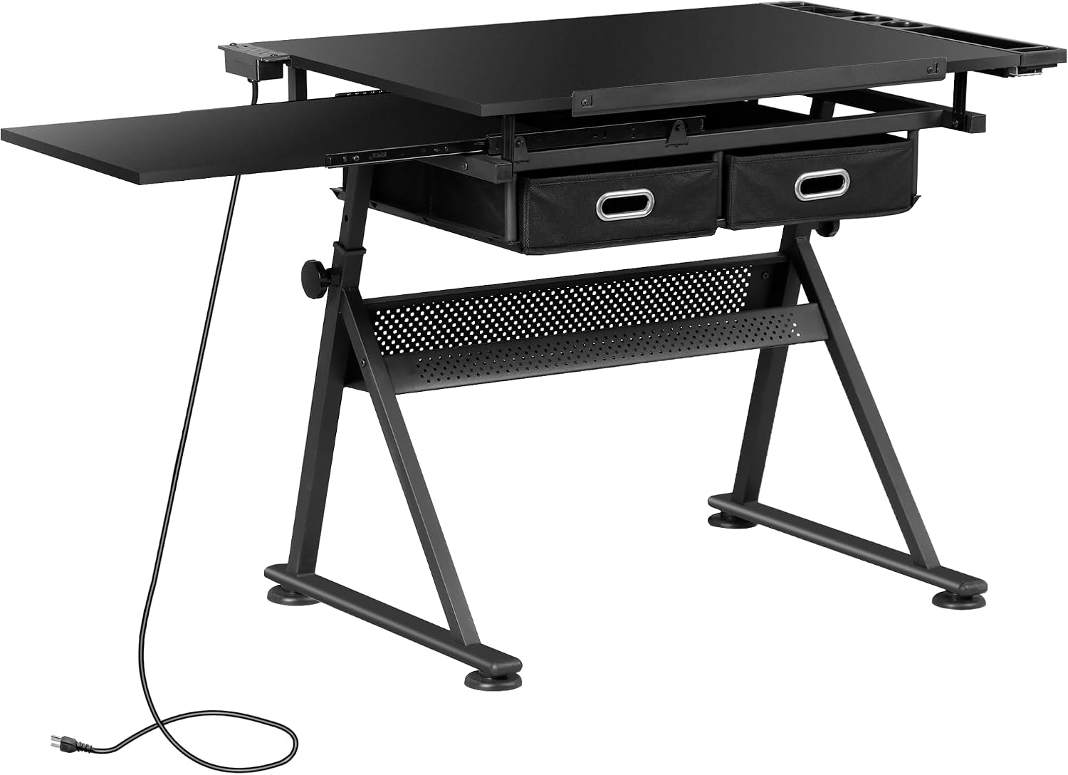 ZENY Adjustable Drafting Table with Stool Tilting Drawing Desk Artist Table | with Outlet, Storage Drawers, Art Craft Workstation for Home Office Reading, Writing, Crafting, Black