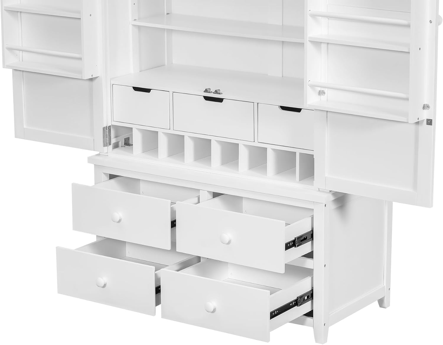 71.1" Tall Freestanding Kitchen Pantry Cabinet, Wooden Food Storage Cupboard with 7 Drawers, 8 Door Shelves, 3 Adjustable Shelves and 8 Wine Racks, Multi-Use Storage Cabinet,White