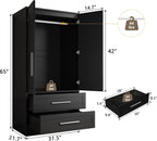 iPormis Wooden Armoire Wardrobe Closet with 2 Drawers, Clothing Storage Cabinet with Shelves Aluminum Hanging Rod, Wardrobe Storage with Strong Door Closure, Modern Bedroom Clothing Armoires, Black