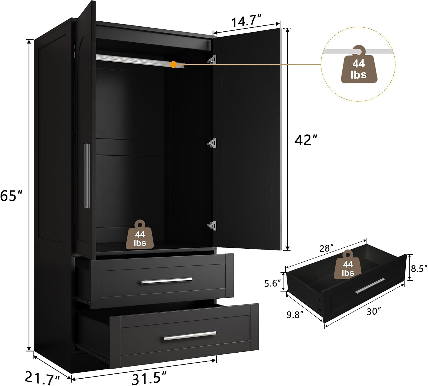 iPormis Wooden Armoire Wardrobe Closet with 2 Drawers, Clothing Storage Cabinet with Shelves Aluminum Hanging Rod, Wardrobe Storage with Strong Door Closure, Modern Bedroom Clothing Armoires, Black