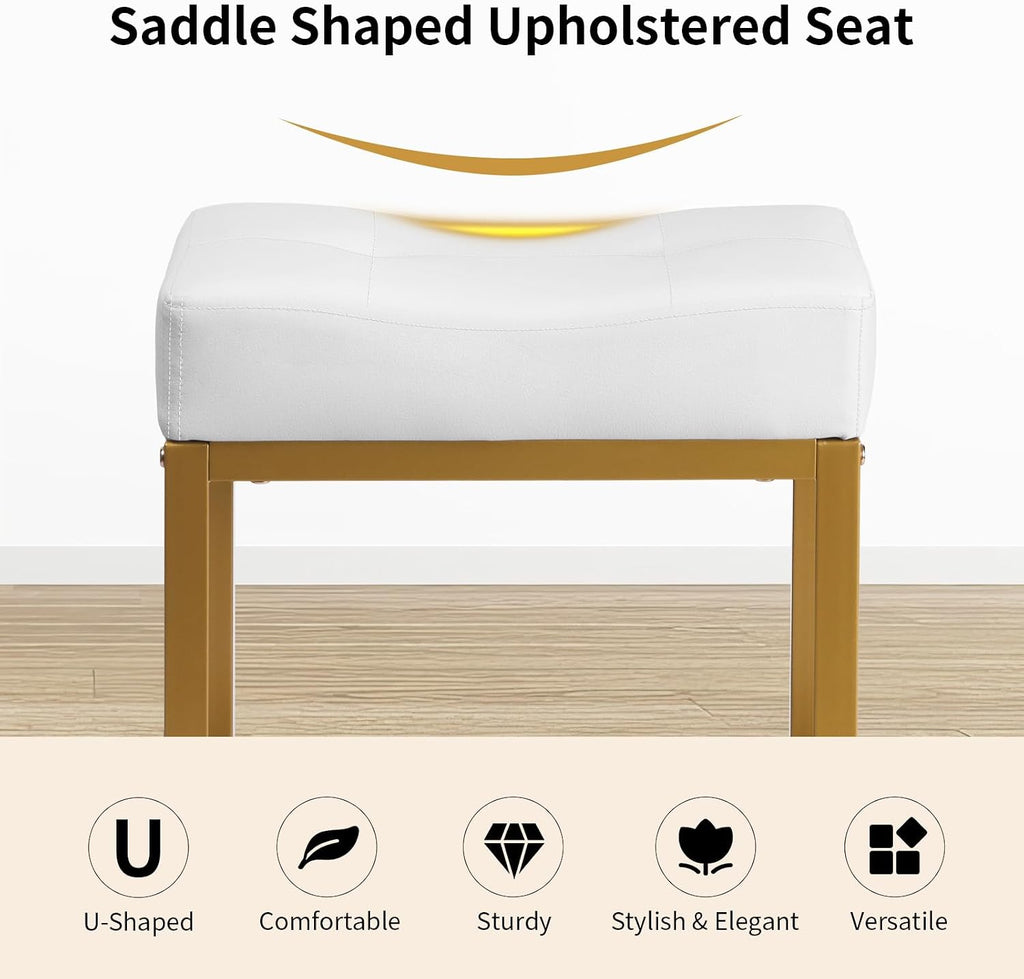 Saddle Seat Vanity Stool, Makeup Stool Chair with Metal Leg, U-Shaped PU Leather Ottoman Foot Rest, Small Square Chairs Under Desk for Vanity, Living Room, Modern Makeup Bench White&Gold