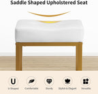 Saddle Seat Vanity Stool, Makeup Stool Chair with Metal Leg, U-Shaped PU Leather Ottoman Foot Rest, Small Square Chairs Under Desk for Vanity, Living Room, Modern Makeup Bench White&Gold