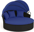 RELAX4LIFE Round Outdoor Daybed with Canopy - Wicker Sectional Sofa Sunbed w/Cushions & 3 Pillows, Rattan Clamshell Conversation Lounger Separated Seating Set for Garden Porch, Patio Day Bed (Navy)