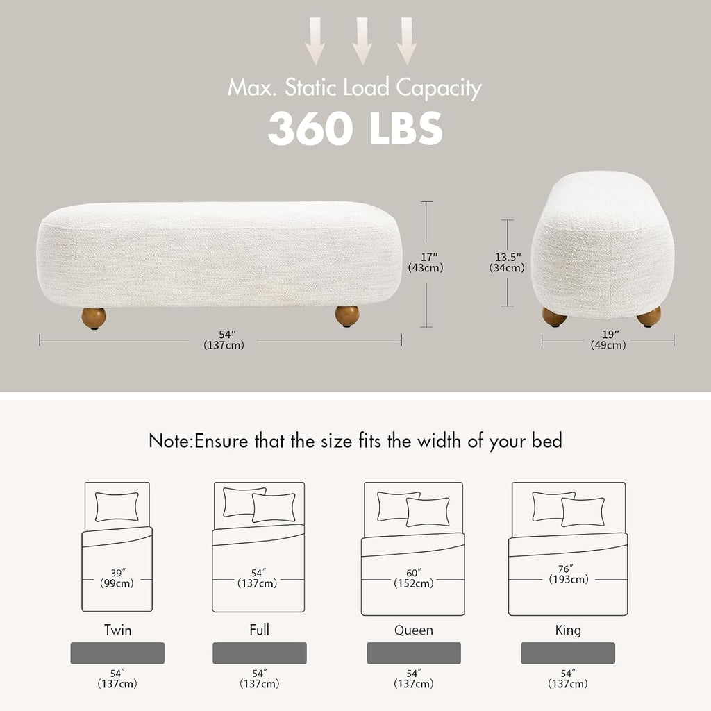 Hyfirm 54" End of Bed Bench, Upholstered Bedroom Ottoman Bench with Solid Wood Round Legs, Modern Oval Bench for Queen & King Beds, Entryway, Living Room, Hallway, Beige Linen Seat