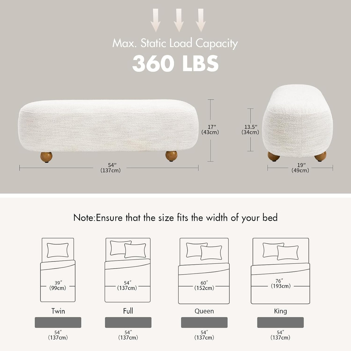 Hyfirm 54" End of Bed Bench, Upholstered Bedroom Ottoman Bench with Solid Wood Round Legs, Modern Oval Bench for Queen & King Beds, Entryway, Living Room, Hallway, Beige Linen Seat