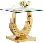 Modern End Table, Living Room End Table with Tempered Glass Top & Geometric Shape Stainless Steel Legs, Square End Table, Luxury Glass Sofa Side Table, Bedside Table, Small Accent Table, Gold