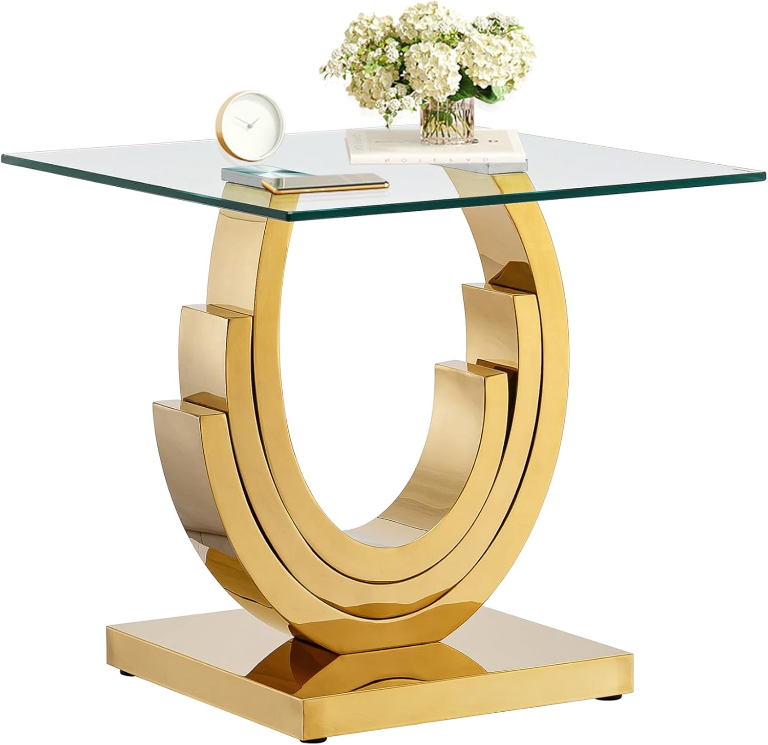 Modern End Table, Living Room End Table with Tempered Glass Top & Geometric Shape Stainless Steel Legs, Square End Table, Luxury Glass Sofa Side Table, Bedside Table, Small Accent Table, Gold