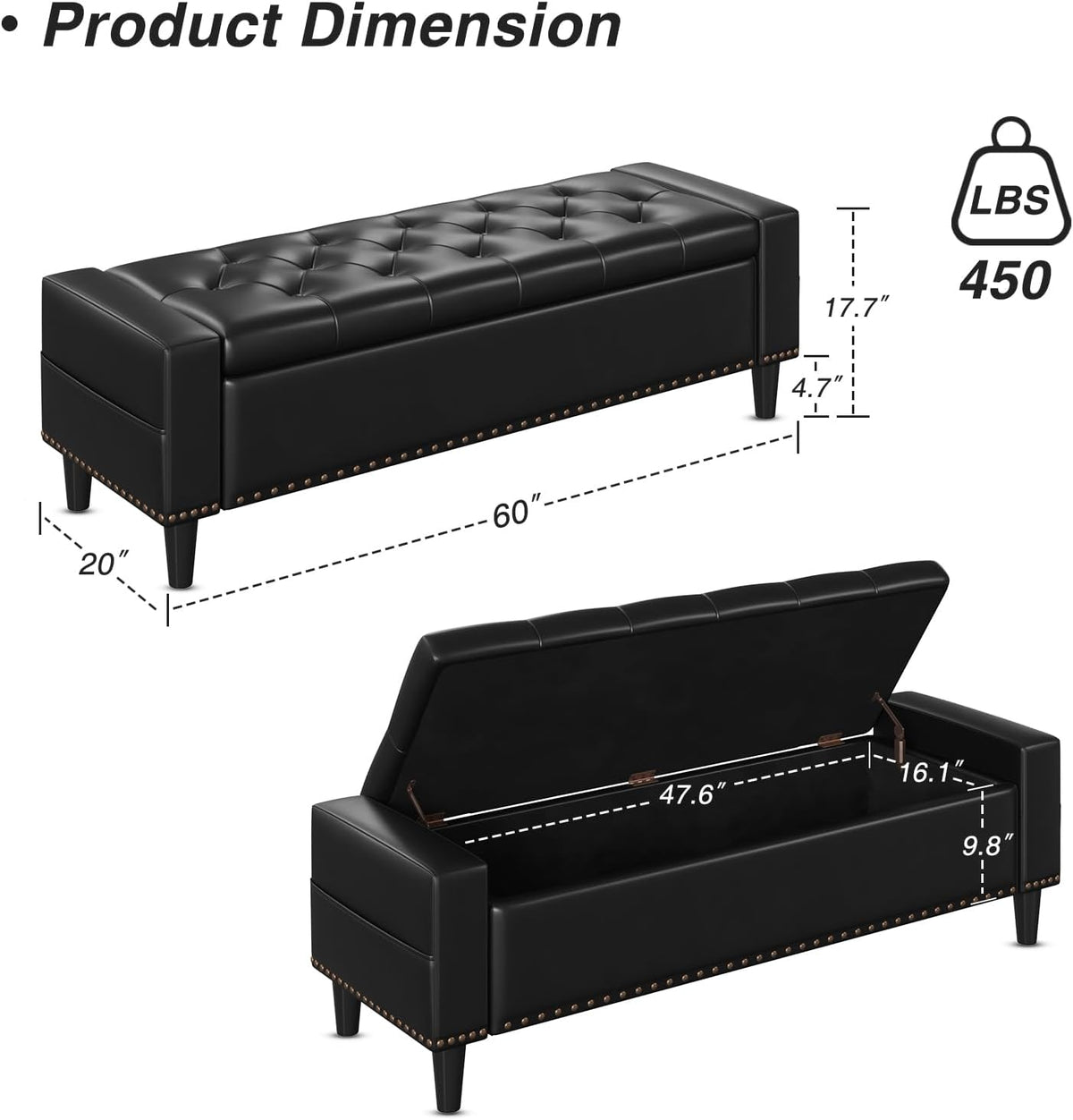 60" Storage Ottoman Bench, Faux Leather Upholstered Bed Bench, Black