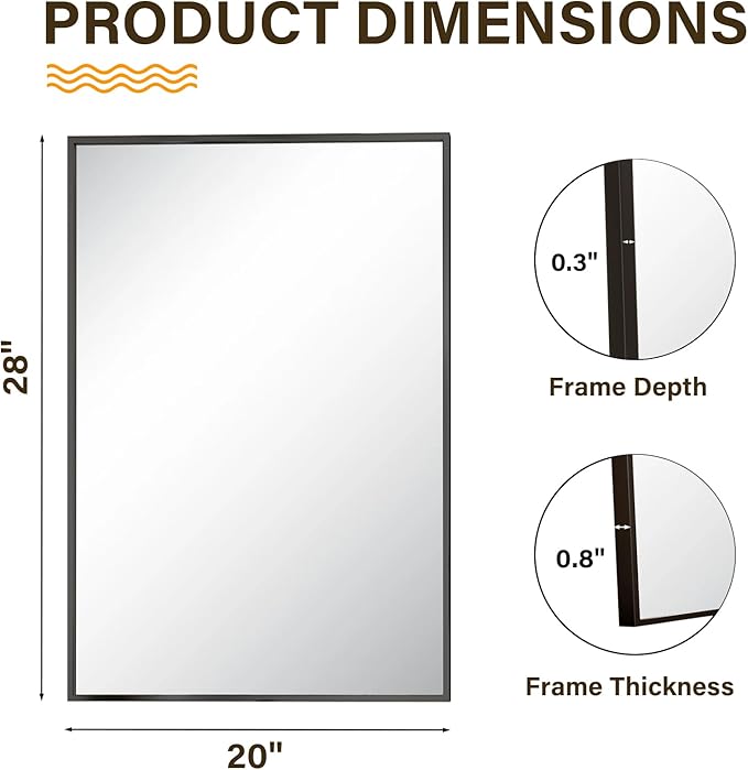 HARRITPURE 28"x20" Framed Bathroom Mirror for Wall Rectangle Mirror Aluminum Alloy Frame Wall-Mounted for Farmhouse Entryway Bedroom Living Room Black