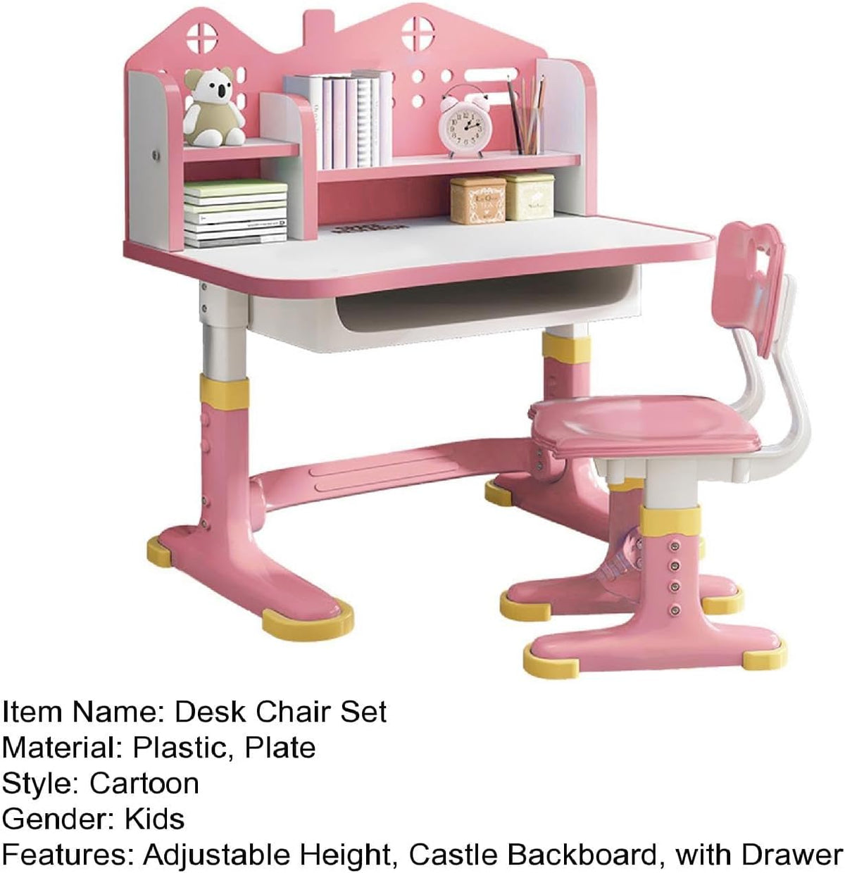 Honrane Kids Study Desk and Chair Set, Height Adjustable Kids School Desk, Cartoon Learning Desks, Kids Desk with Storage, Children Study Table with Storage, Castle Backboard, Bookshelf (Pink), Large