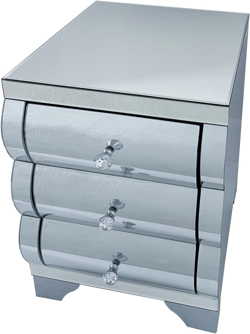Silver Modern Mirrored Nightstand with 3 Drawers, Baked Curved Glass Bedside Table for Bedroom, Small Space End Table for Living Room