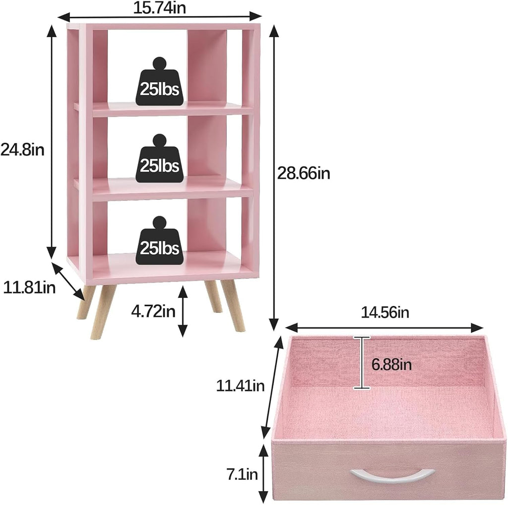 Aenuert Night Stand, Pink Nightstand with 2 Fabric Drawers, Wooden Side Table with Open Storage, 3-Tier Modern End Table, Bedside Table for Small Space, Living Room, Bedroom