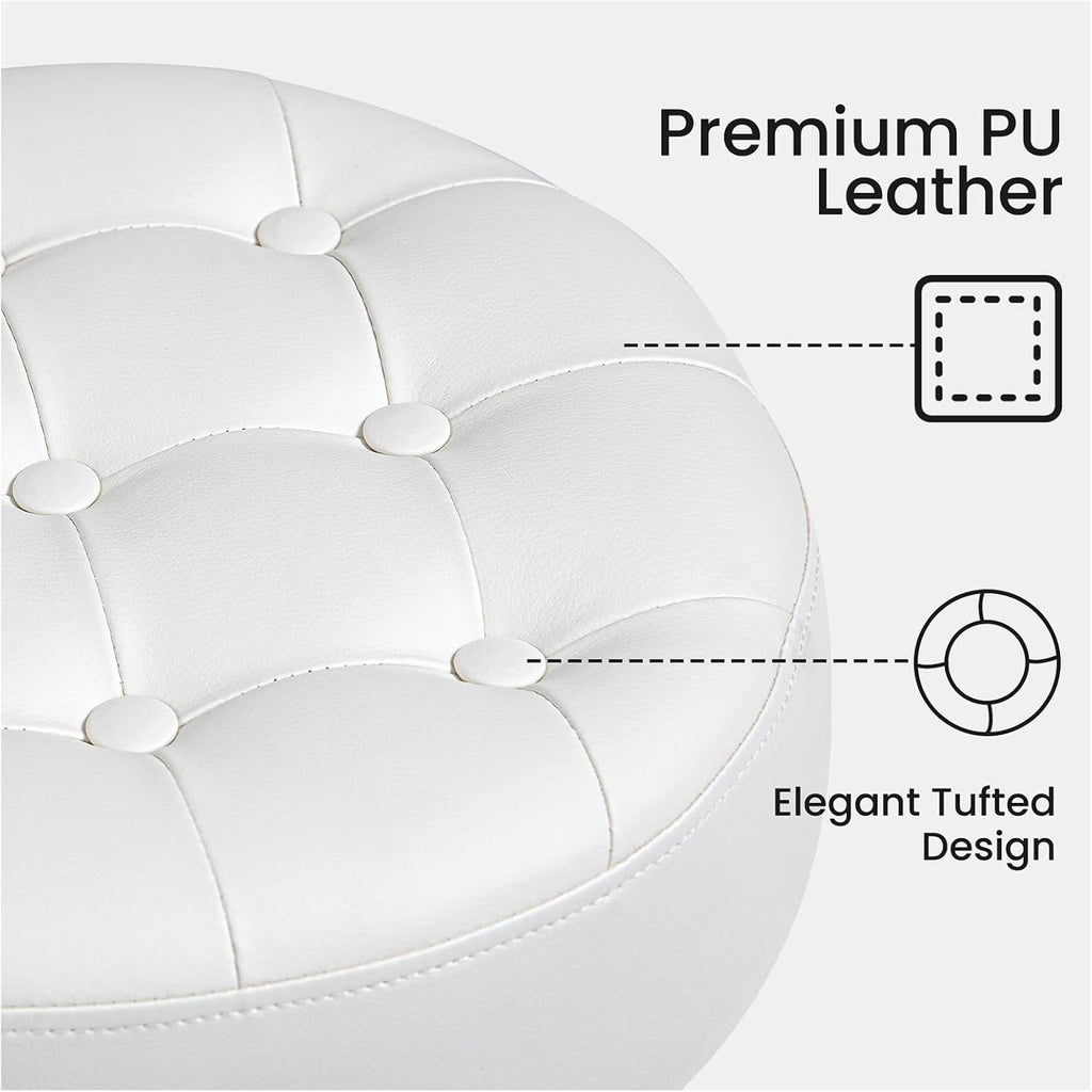 360° Swivel PU Leather Vanity Stool, White Makeup Chair for Bedroom, Large Round Ottoman Stool