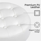 360° Swivel PU Leather Vanity Stool, White Makeup Chair for Bedroom, Large Round Ottoman Stool