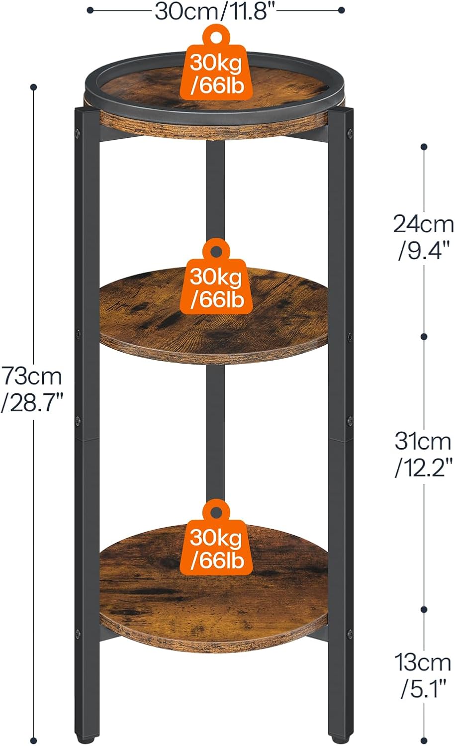 HOOBRO Small Round Side Table, 3-Tier Tall Coffee Drink Table for Sofa Couch, 28.7" H Slim Nightstand, Circle Accent End Table for Living Room, Corner, Bedroom, Rustic Brown BF182BZ01