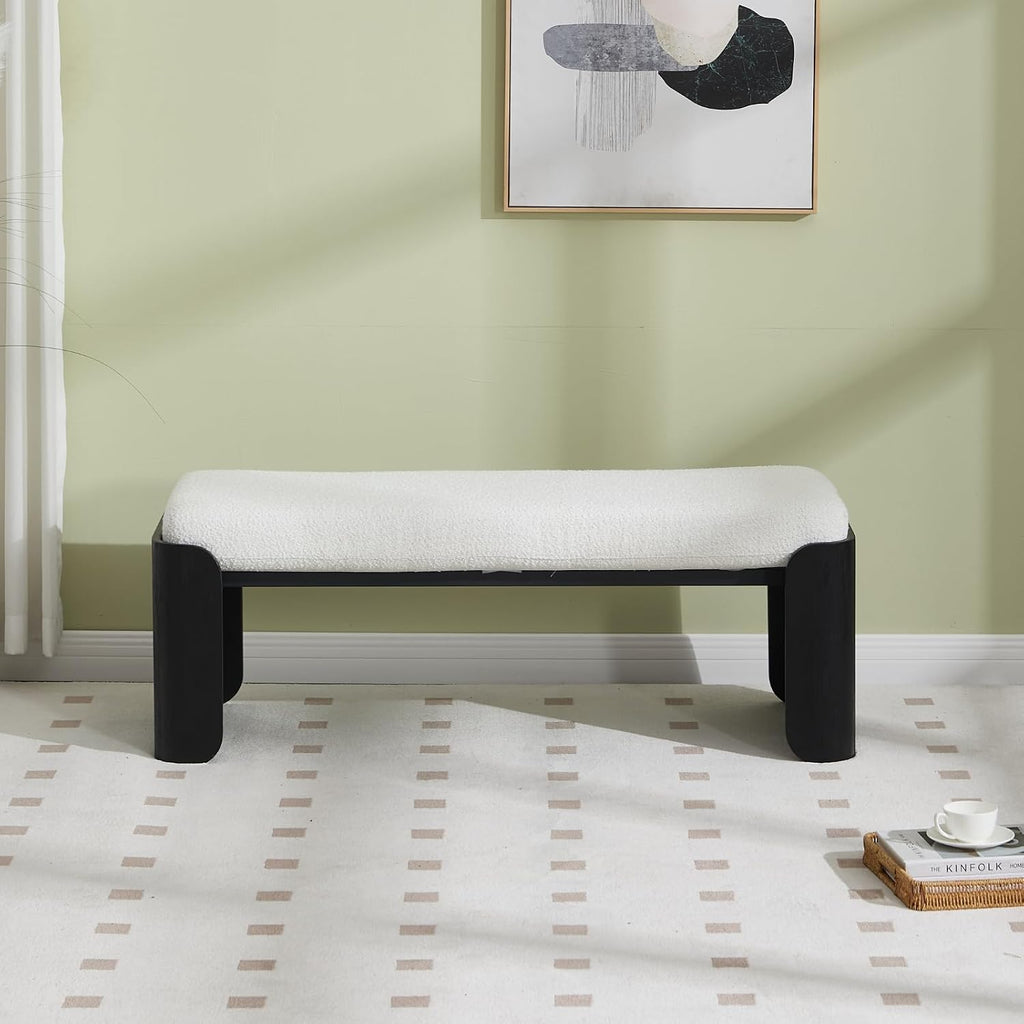 DUOMAY Modern White Sherpa Bedroom Bench, 49" Wide Long Entryway Bench with Solid Wood Legs Upholstered Dining Bench Ottoman for Living Room Indoor