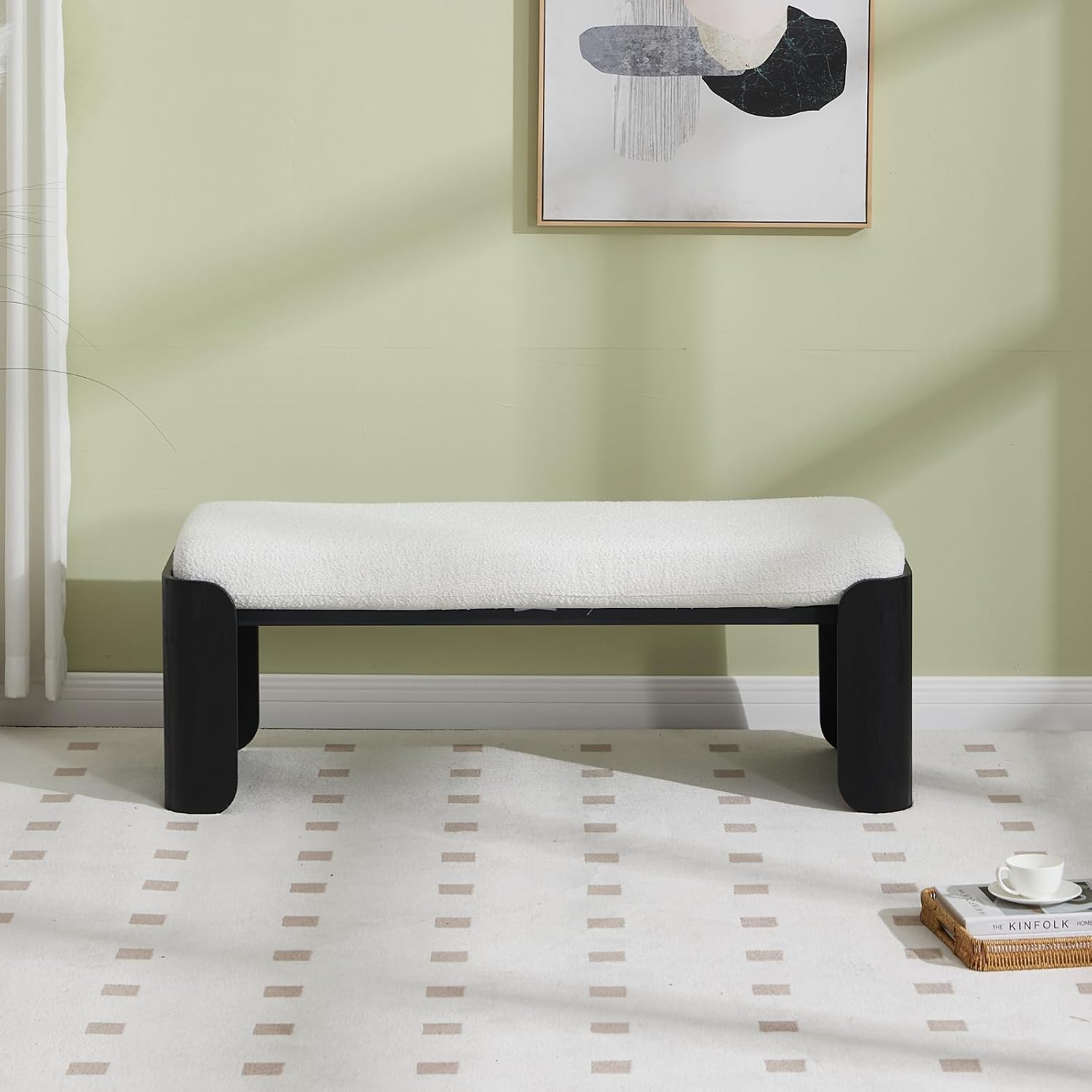 DUOMAY Modern White Sherpa Bedroom Bench, 49" Wide Long Entryway Bench with Solid Wood Legs Upholstered Dining Bench Ottoman for Living Room Indoor