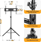 Tripod TV Stand for 25-70" TVs, Adjustable & Foldable, Black | ±15° Tilt, 5 Pillar Height, Maxi Load 110 lbs, Dual Safety Pins, Portable for Outdoors, Bedroom, Living Room