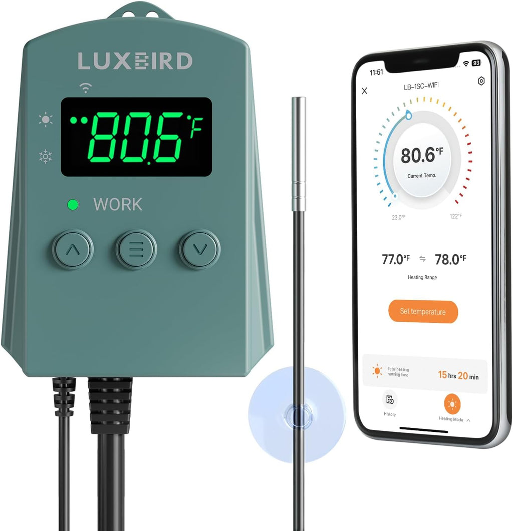 WiFi Digital Heat Mat Thermostat Controller, 32-113°F with Heating Cooling Mode, 365 Day Data Export, 1200W, High/Low Temp Alerts, Plug & Play for Reptile Seedling Brewing Breeding Greenhouse