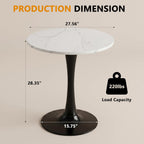 27.6" Marble Round Tulip Table, Mid-Century Modern Style Dining Table with Black Pedestal Base for 2-4 People, Featuring A Marble Tabletop for Kitchen, Dining Room, Cafe (White)