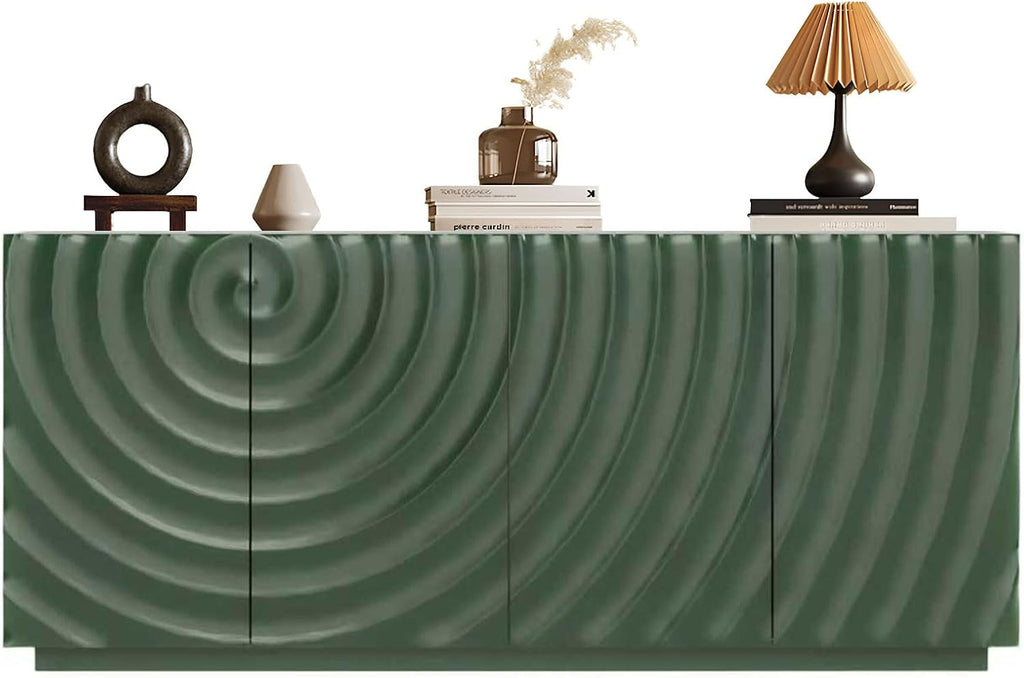 LKTART 59" Sideboard Buffet Cabinet with Storage, 4 Doors Modern Accent Storage Sideboard, Floor Cabinet Buffet with Spiral Grain for Kitchen, Living Room (Green)