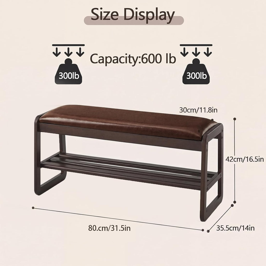 Achicsofar Shoe Rack Bench,2 Tier Solid Wooden Entryway Bench with Shoe Storage, Shoe Rack with Cushion for Living Room, Hallway(Brown, 31.5")