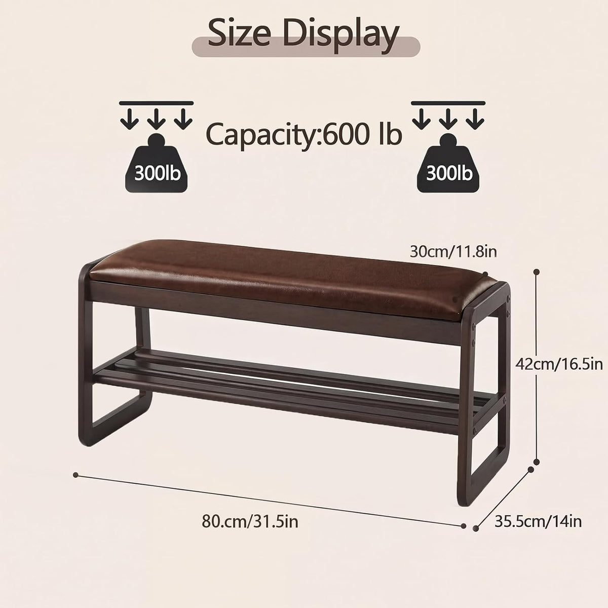 Achicsofar Shoe Rack Bench,2 Tier Solid Wooden Entryway Bench with Shoe Storage, Shoe Rack with Cushion for Living Room, Hallway(Brown, 31.5")