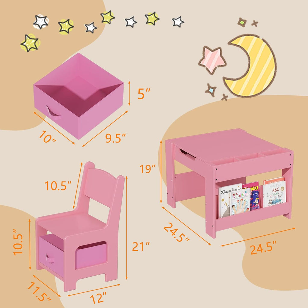 Kids Table and Chair Set - 4 in 1 Wooden Activity Table & 2 Chairs, Storage Drawer, Detachable Tabletop, for Drawing, Reading, Crafts, Art, Homework