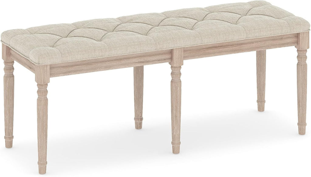 GOFLAME 47.5” Upholstered Bedroom Bench, French Tufted End of Bed Bench with Antiqued Legs, Rubber Wood Frame, Farmhouse Entryway Bench with Cushion, Dining Bench for Bedroom, Living Room, Hallway