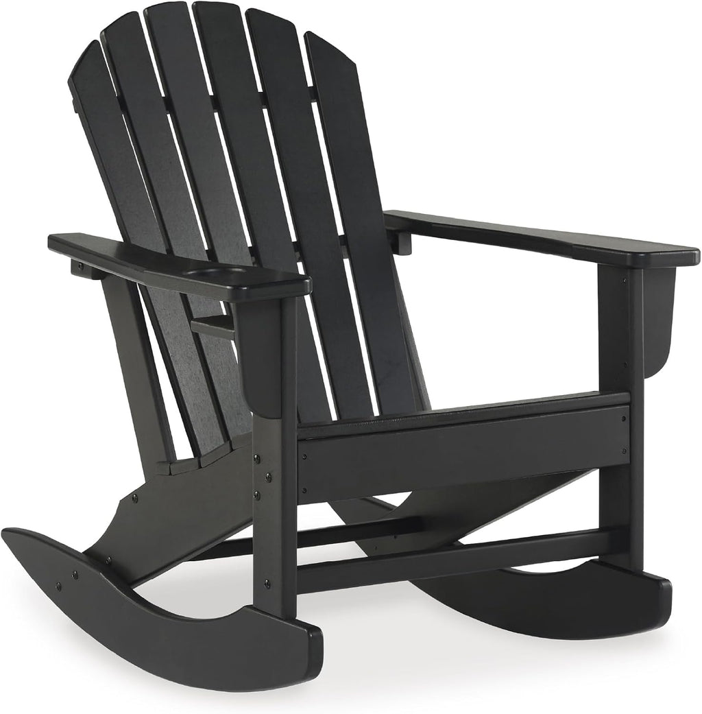 Signature Design by Ashley Sundown Treasure Outdoor Rocking Chair in Black, All-Weather Adirondack Patio Rocker, Durable Weather Resistant HDPE, 250 lb Capacity, 1 Built-In Cup Holder