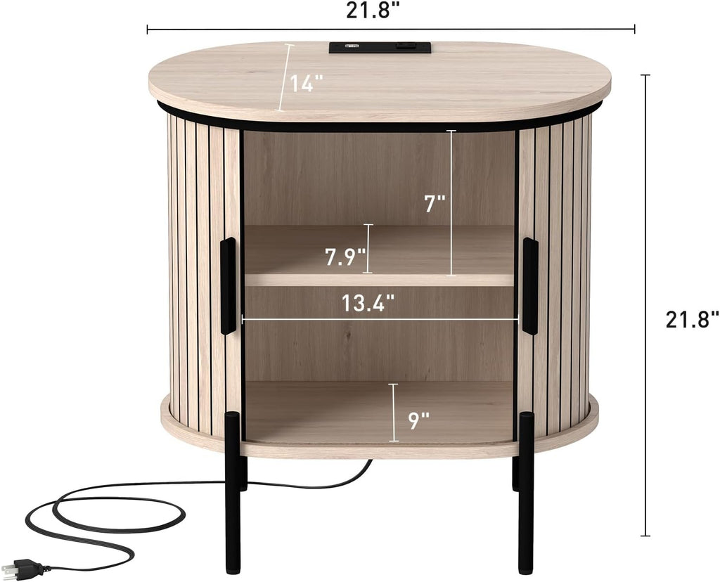 Bonzy Home Round Nightstand with Storage, Fluted Side Table with Charging Station, Mid Century Modern Bedside Table, End Table with Sliding Door for Living Room, Bedroom, Small Spaces, Oak