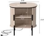 Bonzy Home Round Nightstand with Storage, Fluted Side Table with Charging Station, Mid Century Modern Bedside Table, End Table with Sliding Door for Living Room, Bedroom, Small Spaces, Oak