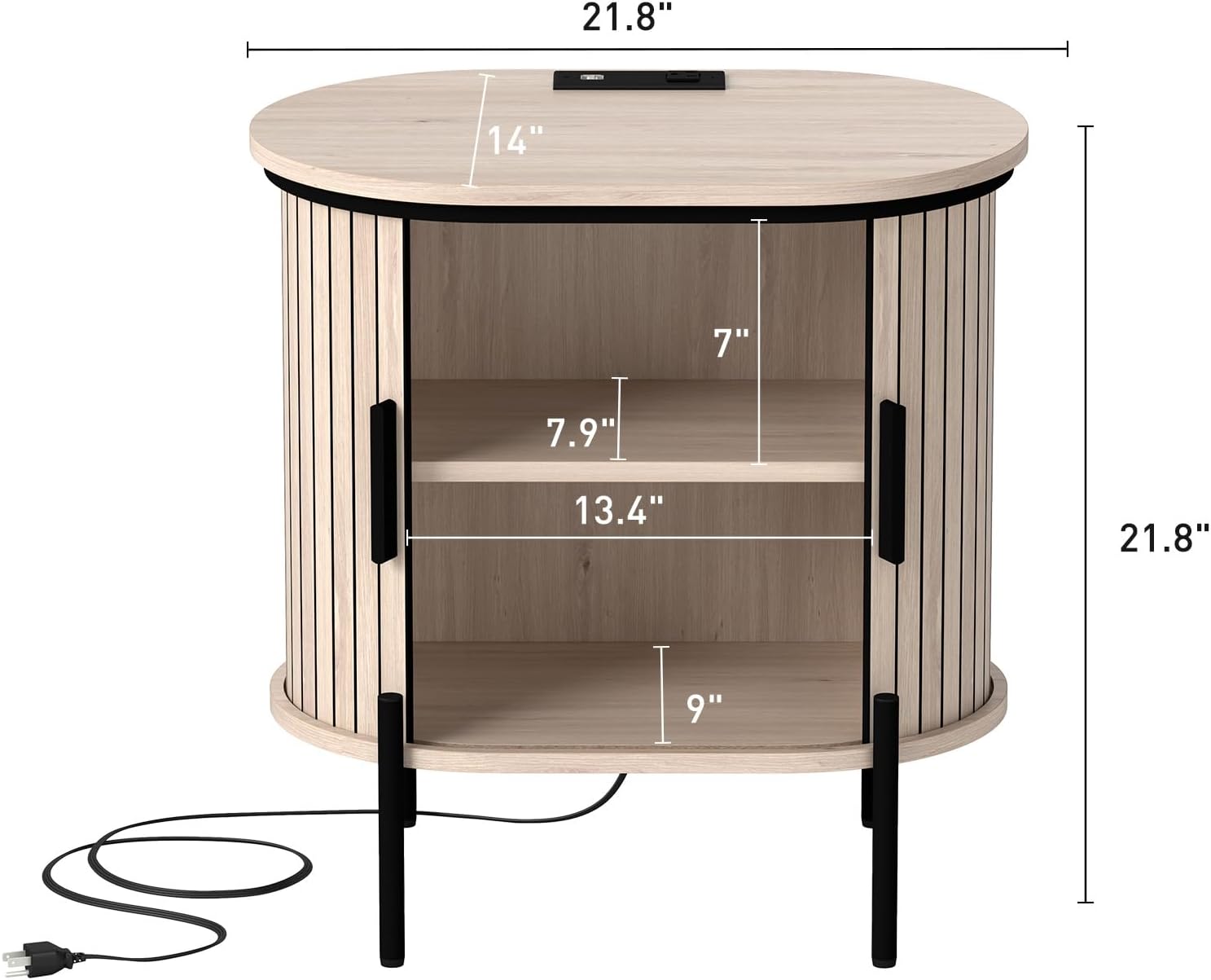 Bonzy Home Round Nightstand with Storage, Fluted Side Table with Charging Station, Mid Century Modern Bedside Table, End Table with Sliding Door for Living Room, Bedroom, Small Spaces, Oak