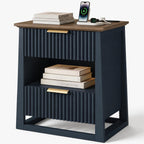 HIFYOBRO Fluted End Table with Charging Station and Motion Sensor Light, Modern Blue Side Table with 2 Drawers and Storage Shelf for Living Room, Bedroom, Guest Room