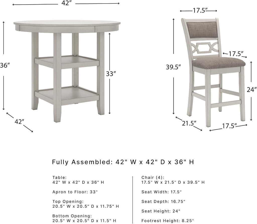 Signature Design by Ashley Round Dining Table Set for 4, Counter Height | 42-inch round table with built-in storage shelves, 4 foam-cushioned light gray barstools, Antique white finish, Erinberg