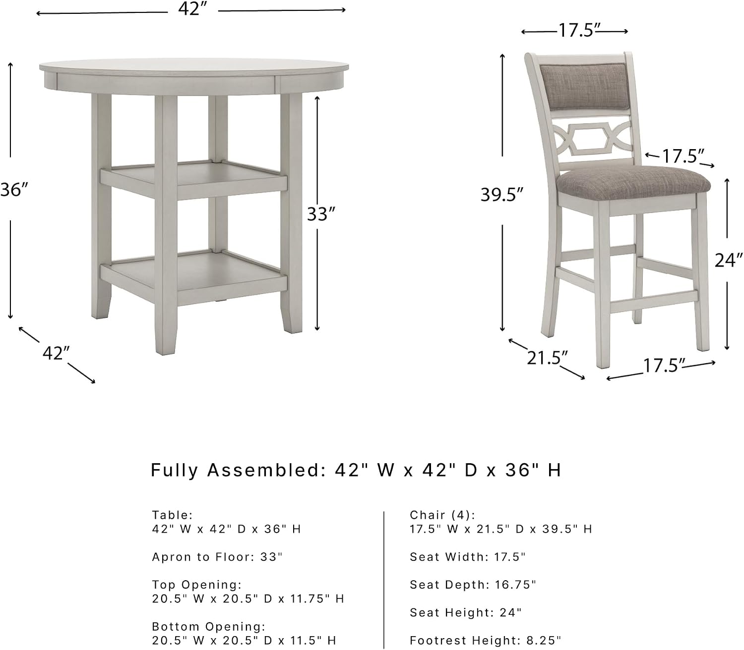 Signature Design by Ashley Round Dining Table Set for 4, Counter Height | 42-inch round table with built-in storage shelves, 4 foam-cushioned light gray barstools, Antique white finish, Erinberg