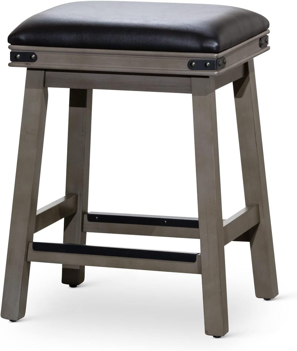DTY Indoor Living Cortez Bonded Leather Stool, Weathered Gray Finish, 24" Counter Height, Black Leather Seat, Set of 2
