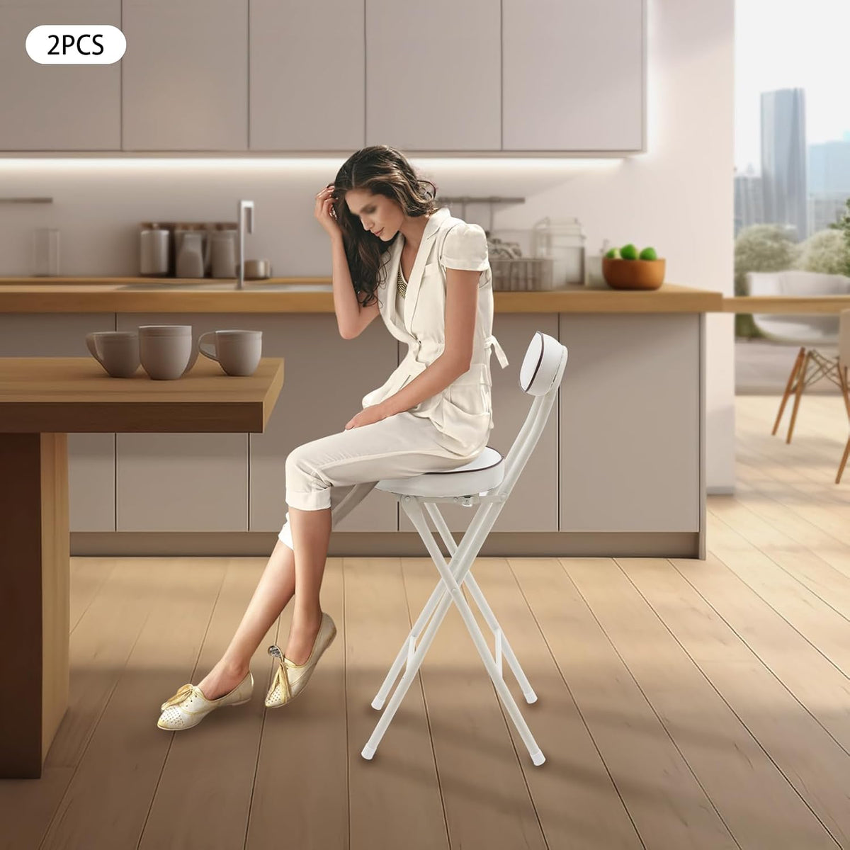 2 Pcs Folding Bar Stool with Backrest, 25.6 Inch Tall Foldable Stool Chair with Leather Padded Seat, Portable Counter Height Collapsible Stool for Kitchen Island Shop Cafe Dining Room, White