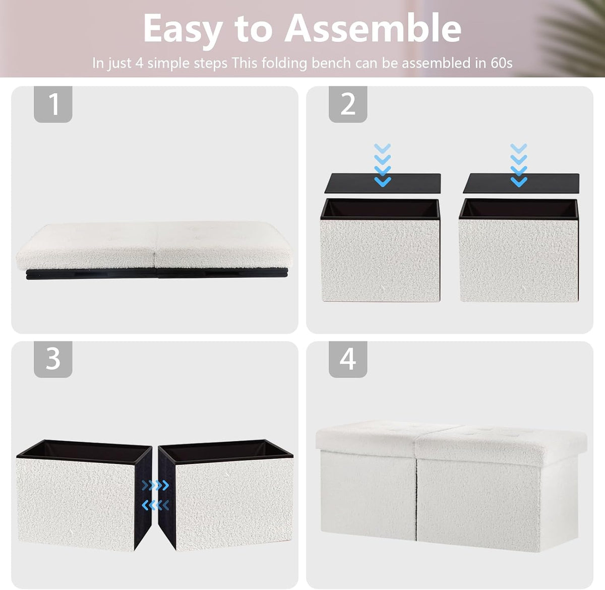Storage Ottoman Bench, 34" Teddy Velvet Folding Foot Rest, White | Large Ottoman with Storage, Thicker Foam Padded Seat, 34 x 13 x 13in, Livingroom, Dorm, Bedroom, Easy to install, 86L