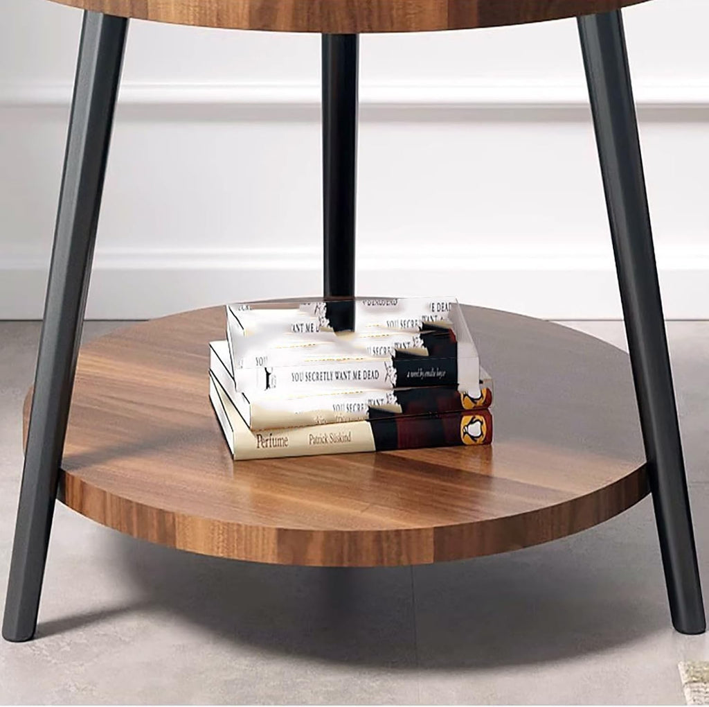 Small Round Side Table, 2-Tier Mid Century Modern Side Table, Round End Table Small End Table for Living Room, Metal Frames, Brown