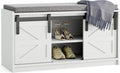 Mondeer Shoe Storage Bench, 2-Tier Farmhouse Entryway Bench with Sliding Barn Door Storage Cabinets & Removable Seat Cushion, for Entryway Hallway Bedroom, 90 x 45 x 35 cm, White